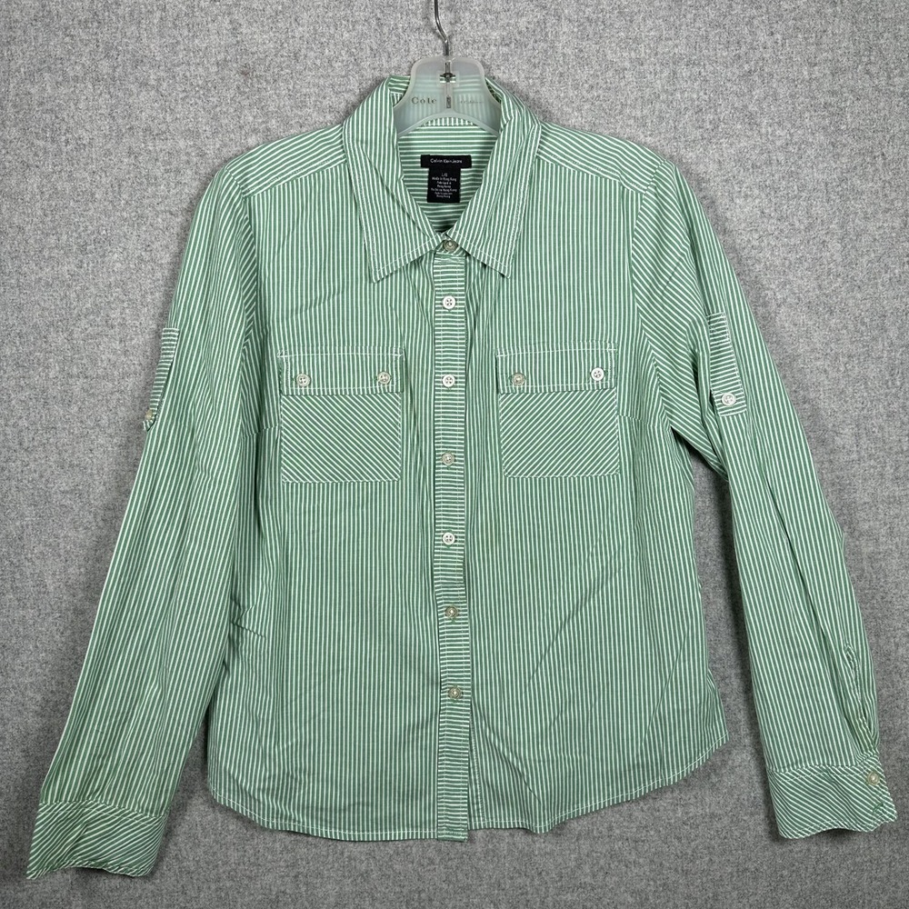 Calvin Klein Jeans Large Womens Top Shirt Green White Striped Button Long Sleeve
